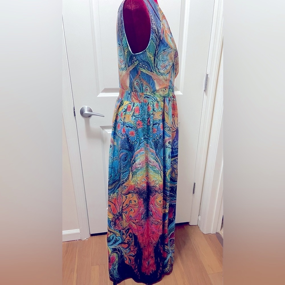 Vibrant Peacock Sleeveless One Shoulder Maxi Dress. Size Large - Picture 5 of 11